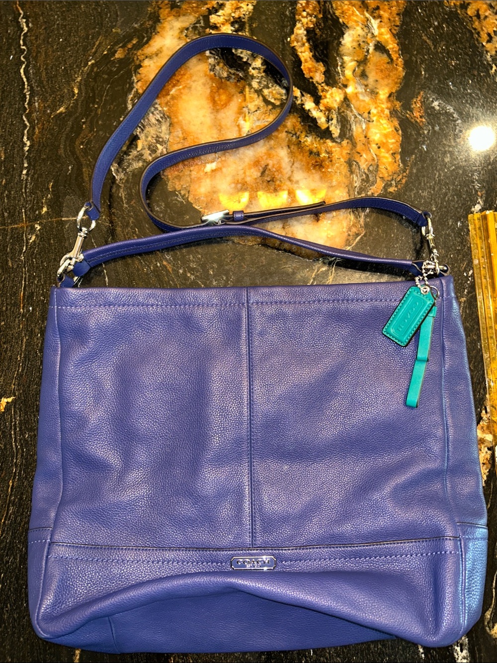Coach park blue violet pebbled Leather hobo & Shoulder Bag with Teal Tag